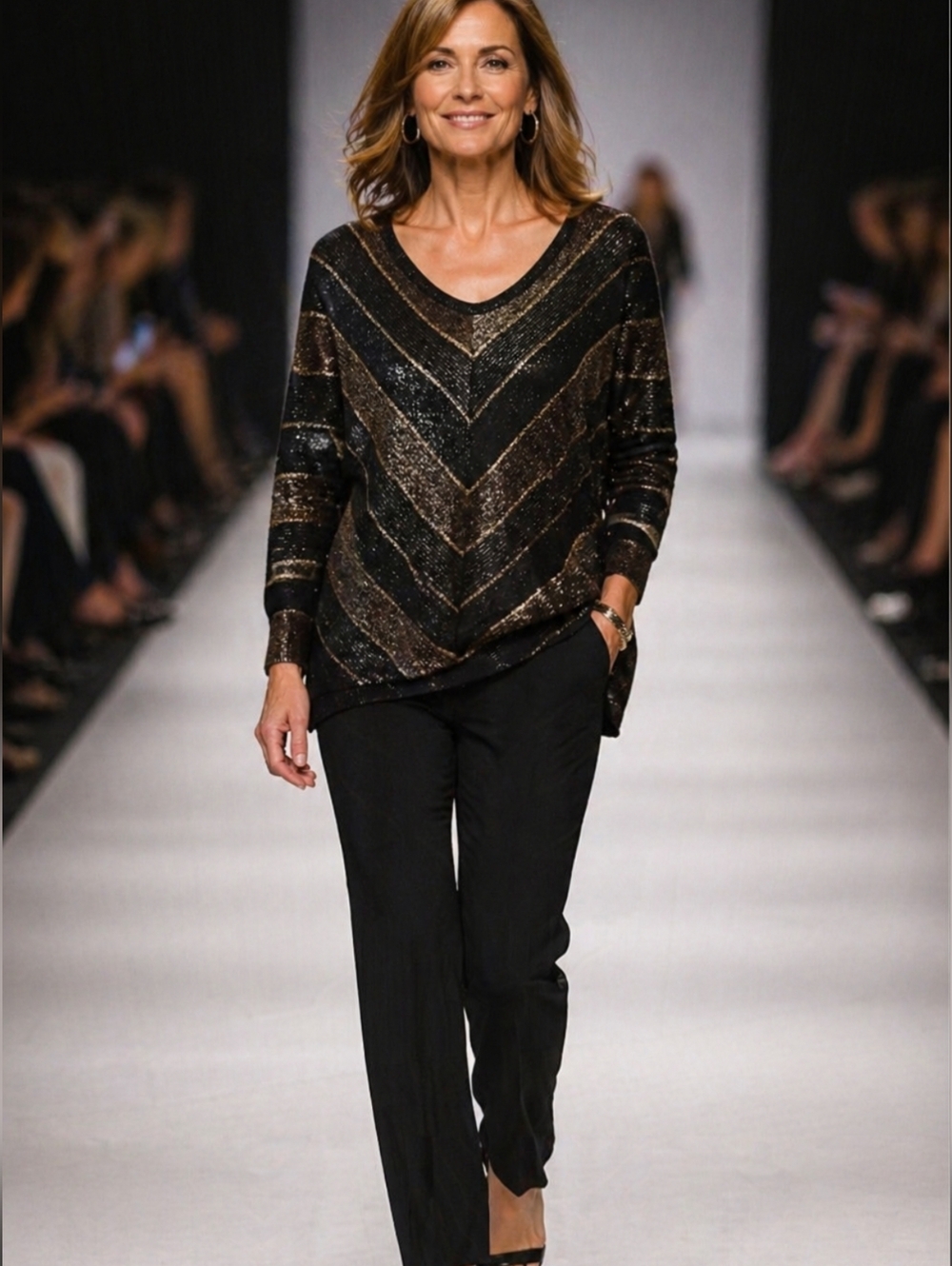 Black & Gold Chevron V-Neck Women's Sweater